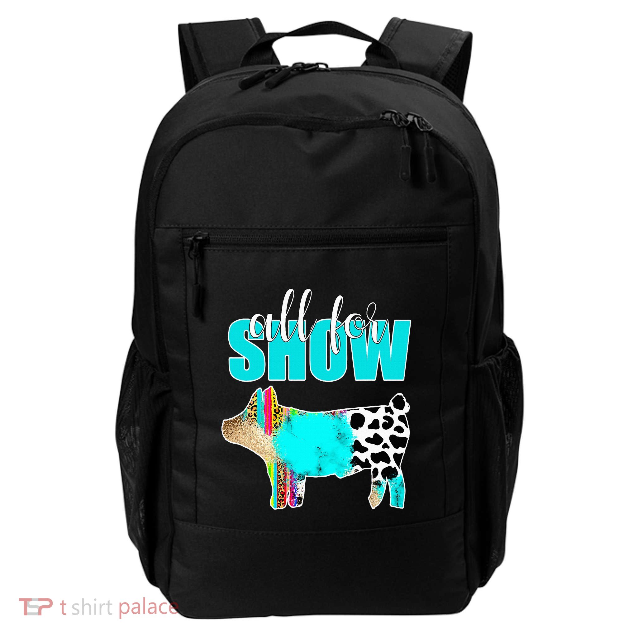 All For Show Livestock Pig Swine Cow Print Serape Turquoise Backpack