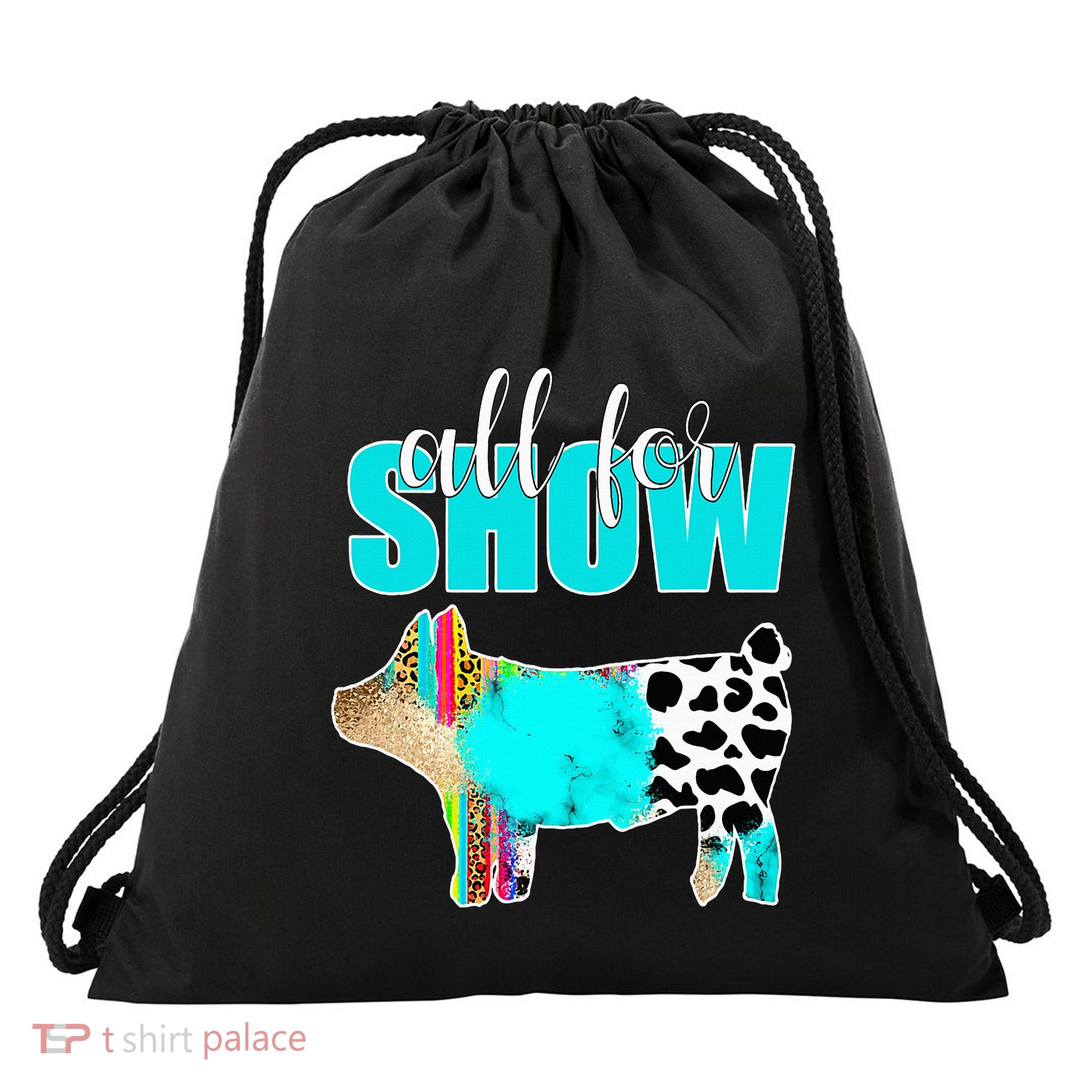 All For Show Livestock Pig Swine Cow Print Serape Turquoise Drawstring Bag