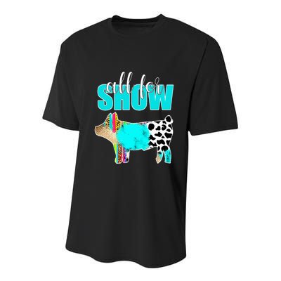 All For Show Livestock Pig Swine Cow Print Serape Turquoise Youth Performance Sprint T-Shirt