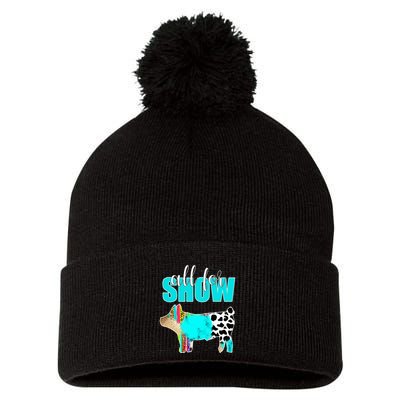 All For Show Livestock Pig Swine Cow Print Serape Turquoise Pom Pom 12in Knit Beanie