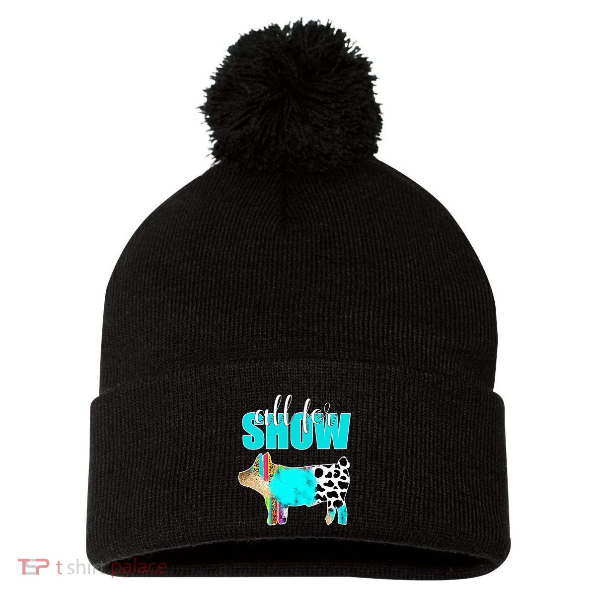 All For Show Livestock Pig Swine Cow Print Serape Turquoise Pom Pom 12in Knit Beanie