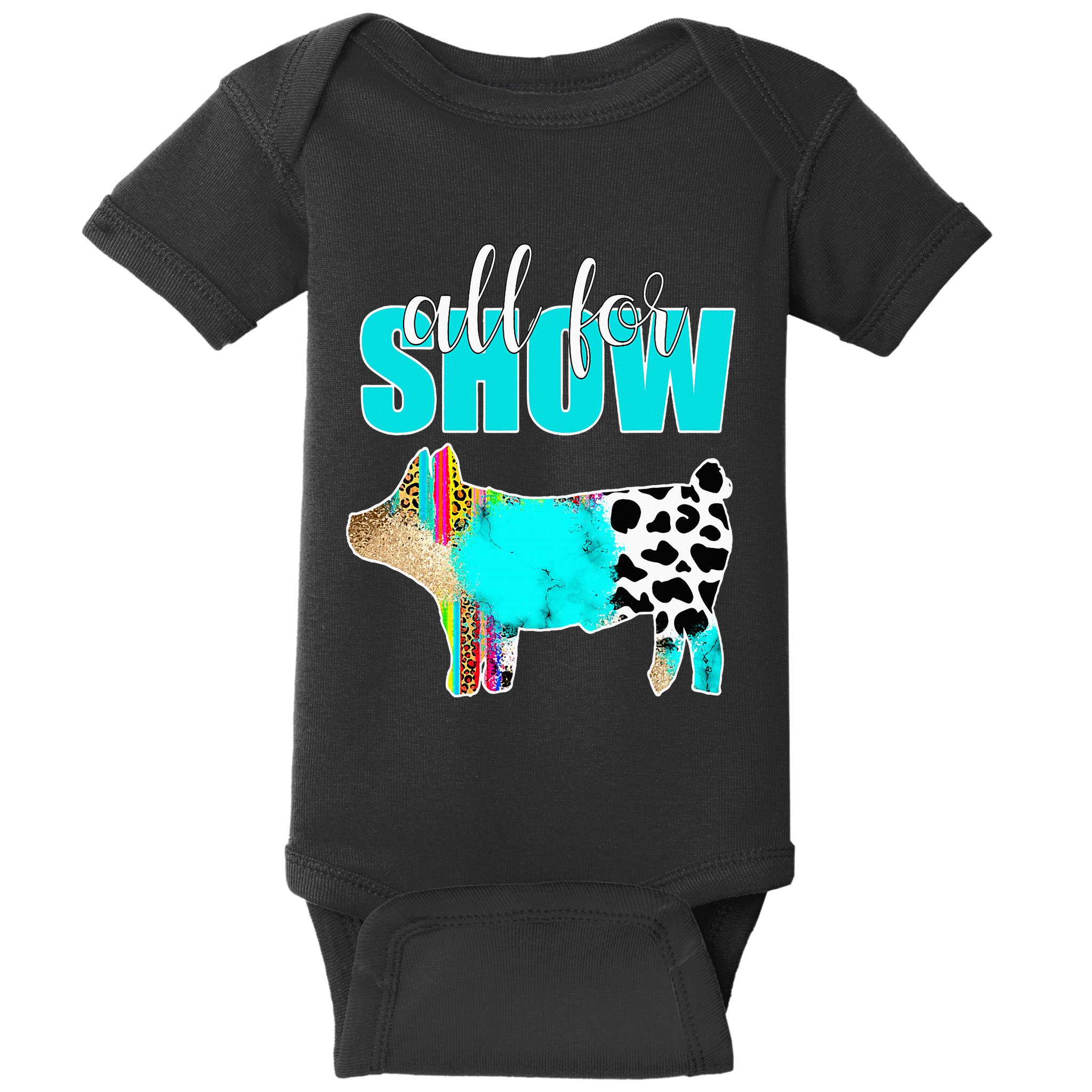 All For Show Livestock Pig Swine Cow Print Serape Turquoise Baby Bodysuit