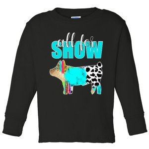 All For Show Livestock Pig Swine Cow Print Serape Turquoise Toddler Long Sleeve Shirt