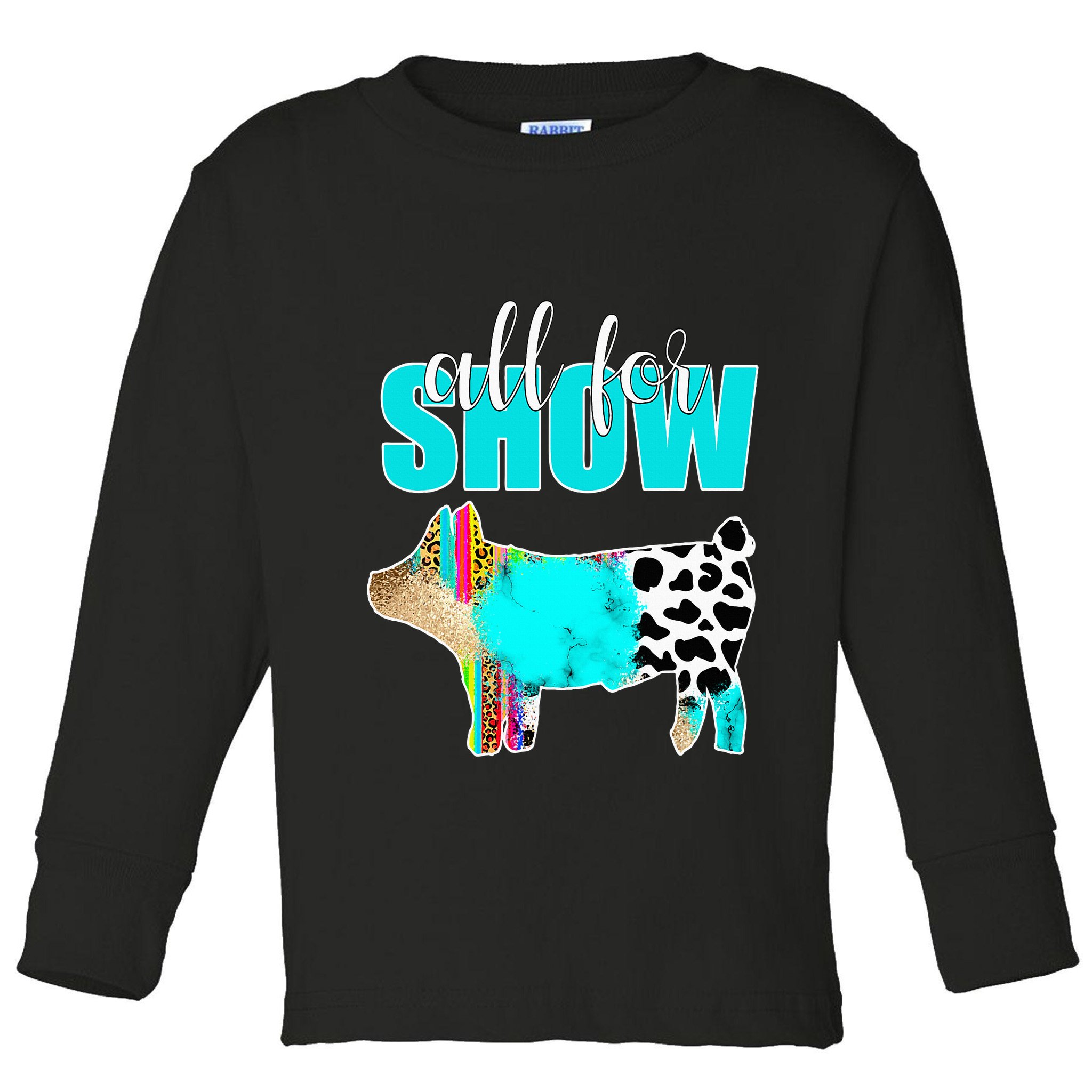 All For Show Livestock Pig Swine Cow Print Serape Turquoise Toddler Long Sleeve Shirt