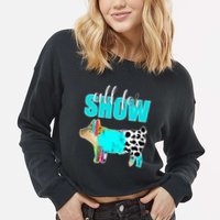 All For Show Livestock Pig Swine Cow Print Serape Turquoise Cropped Pullover Crew