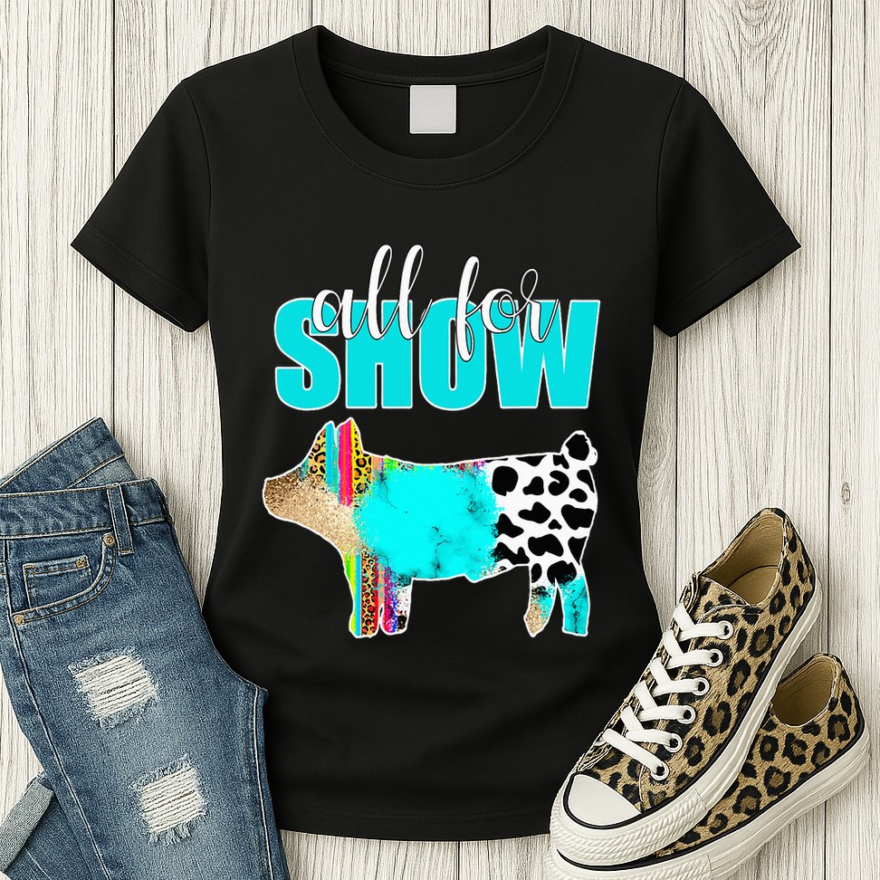 All For Show Livestock Pig Swine Cow Print Serape Turquoise Womens T-Shirt