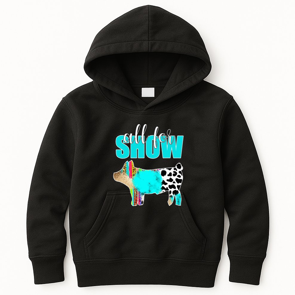All For Show Livestock Pig Swine Cow Print Serape Turquoise Kids Hoodie