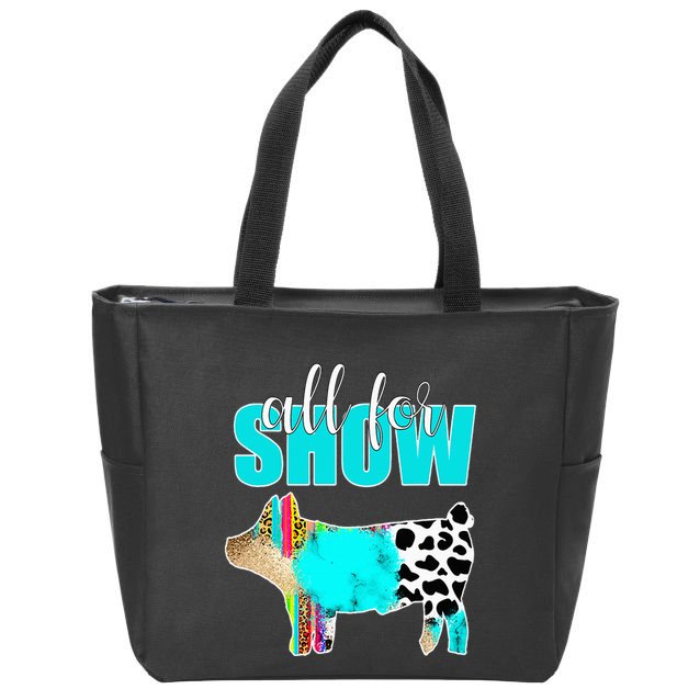 All For Show Livestock Pig Swine Cow Print Serape Turquoise Zip Tote Bag
