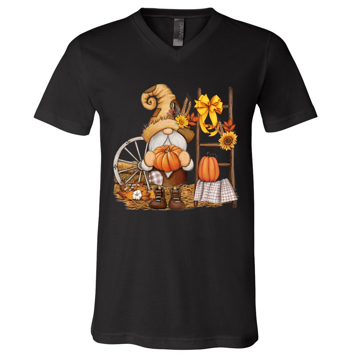 Autumn Fall Season Gnome Pumpkin Floral V-Neck T-Shirt