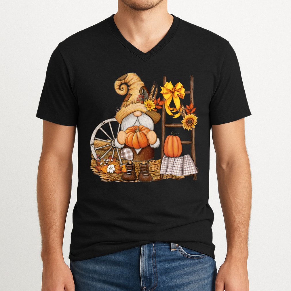 Autumn Fall Season Gnome Pumpkin Floral V-Neck T-Shirt