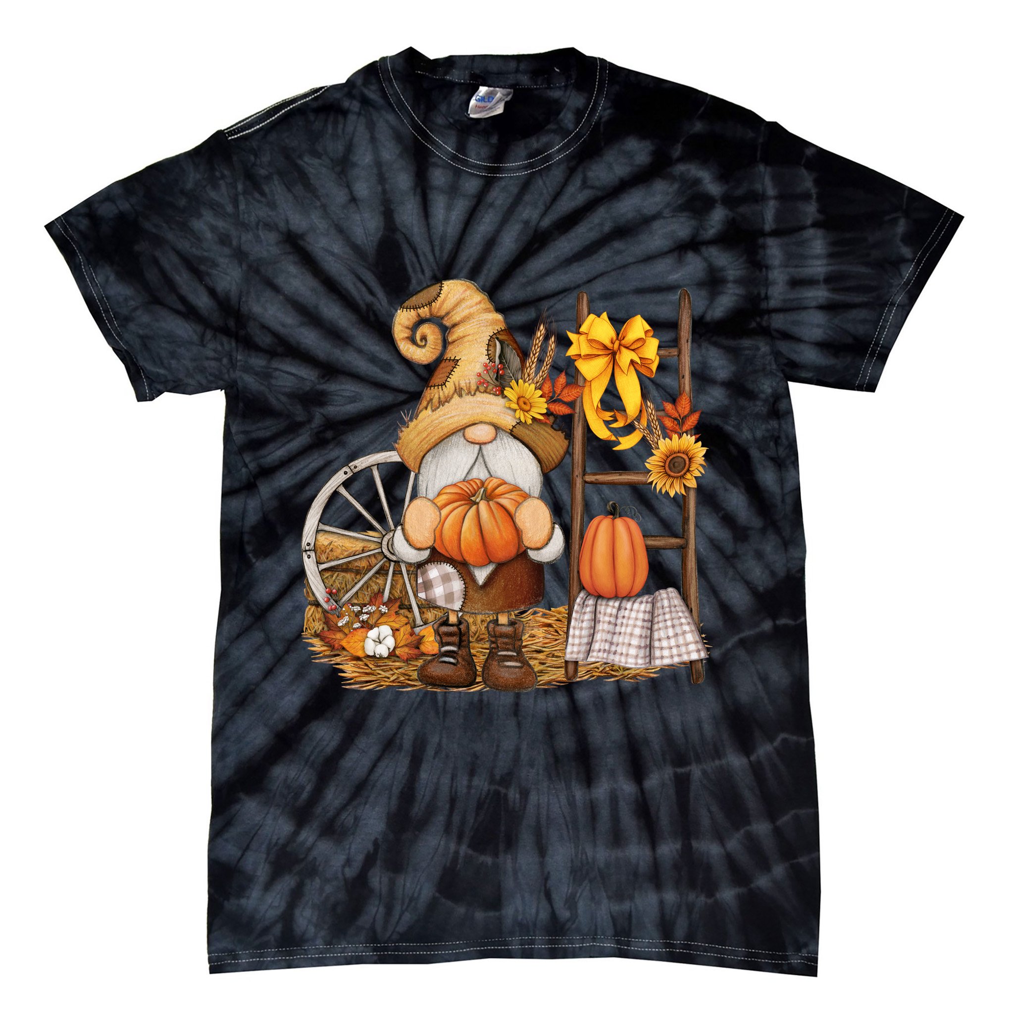 Autumn Fall Season Gnome Pumpkin Floral Tie-Dye T-Shirt