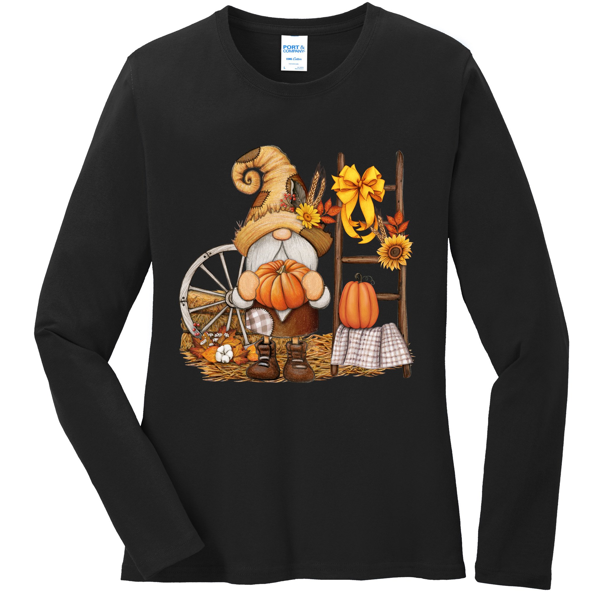 Autumn Fall Season Gnome Pumpkin Floral Ladies Long Sleeve Shirt
