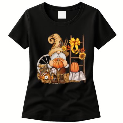 Autumn Fall Season Gnome Pumpkin Floral Womens T-Shirt