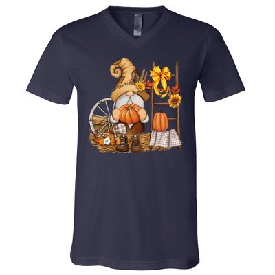 Autumn Fall Season Gnome Pumpkin Floral V-Neck T-Shirt