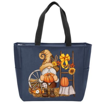 Autumn Fall Season Gnome Pumpkin Floral Zip Tote Bag