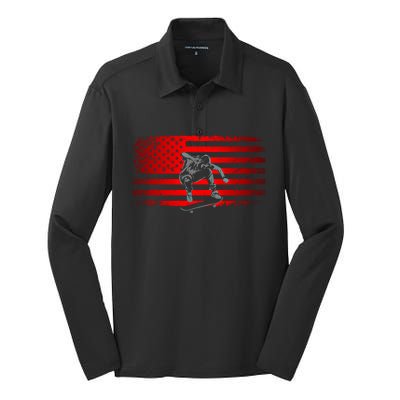 American Flag Skateboard Skateboarder Skateboard Gift Silk Touch Performance Long Sleeve Polo