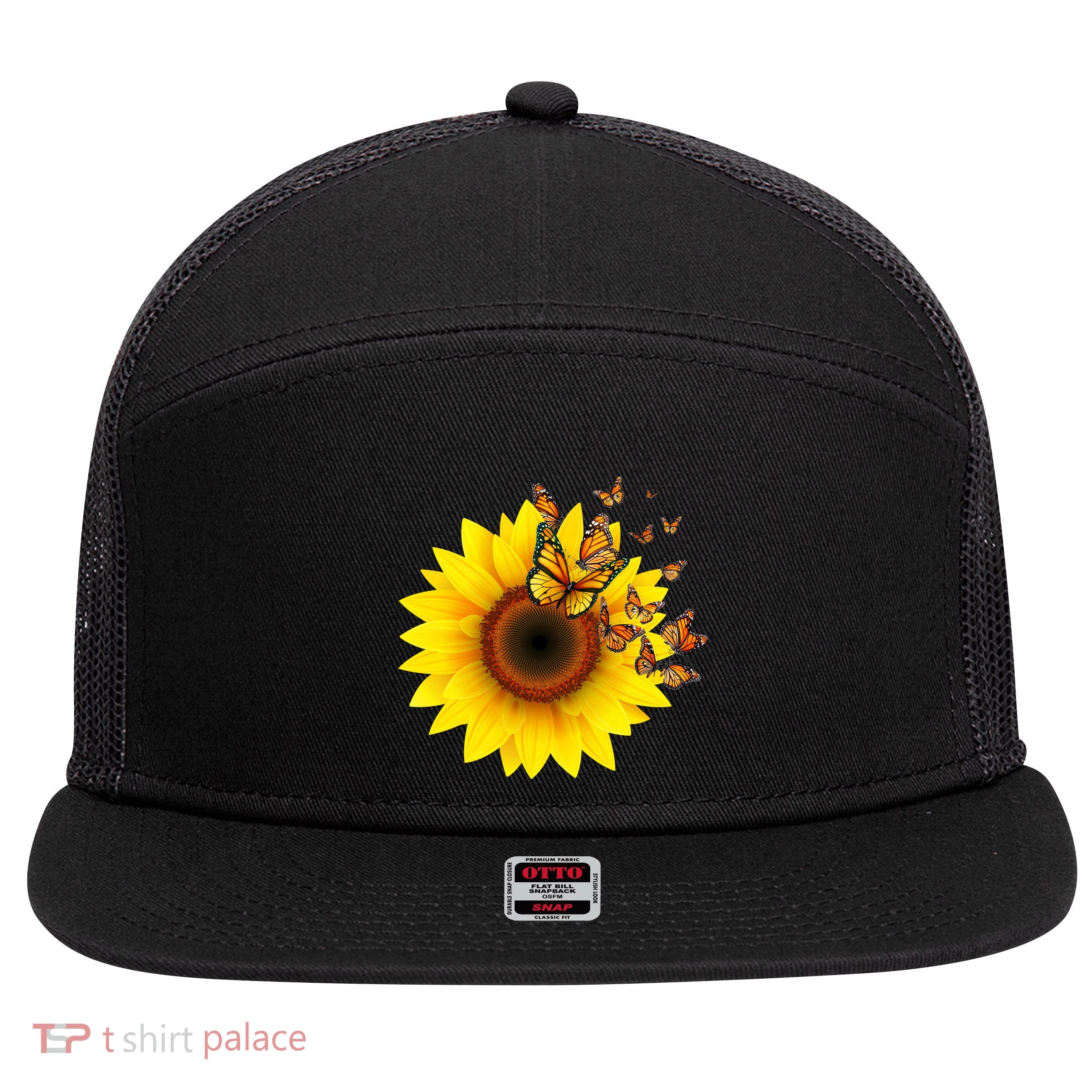 Autumn Fall Sunflower Butterflies 7 Panel Mesh Trucker Snapback Hat
