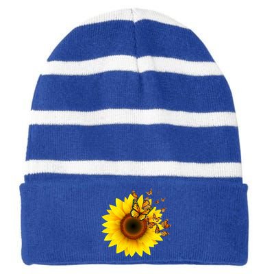 Autumn Fall Sunflower Butterflies Striped Beanie with Solid Band