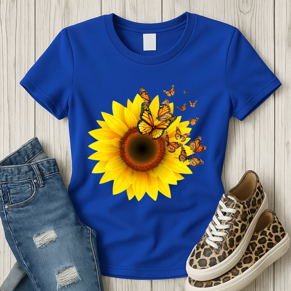 Autumn Fall Sunflower Butterflies Womens T-Shirt