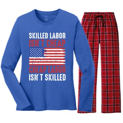 American Flag Skilled Labor Isnt Cheap Labor Day Gift Women's Long Sleeve Flannel Pajama Set 