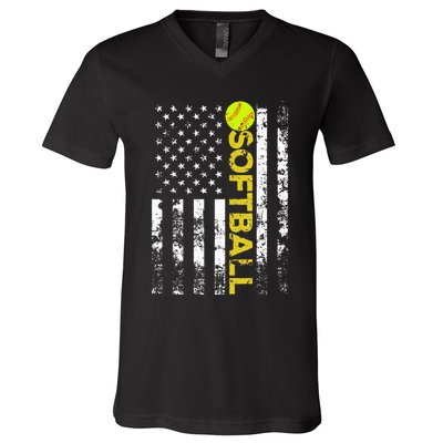 American Flag Softball Team Gift V-Neck T-Shirt