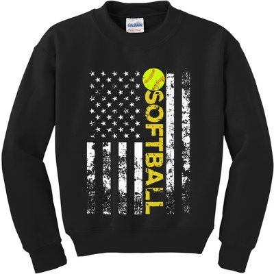 American Flag Softball Team Gift Kids Sweatshirt
