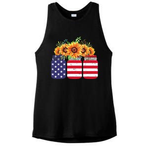 American Flag Sunflower 4th Of July Independence USA Day Ladies PosiCharge Tri-Blend Wicking Tank