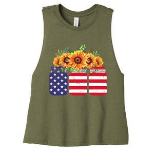 American Flag Sunflower 4th Of July Independence USA Day Women's Racerback Cropped Tank