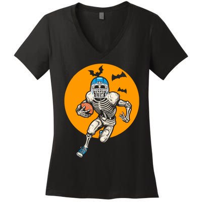 American Football Skeleton Halloween Football Fan Women's V-Neck T-Shirt