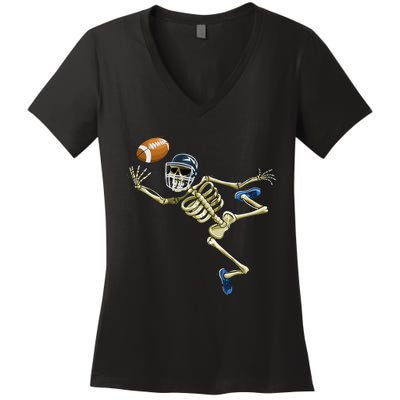 American Football Skeleton Halloween Football Fan Women's V-Neck T-Shirt