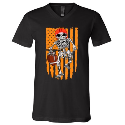 American Football Skeleton Halloween Football Fan V-Neck T-Shirt