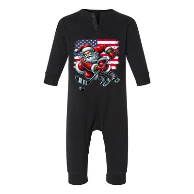 American Flag Santa Hat Ice Hockey Christmas Funny Gift Infant Fleece One Piece