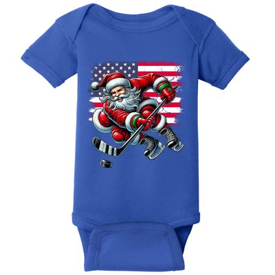 American Flag Santa Hat Ice Hockey Christmas Funny Gift Baby Bodysuit