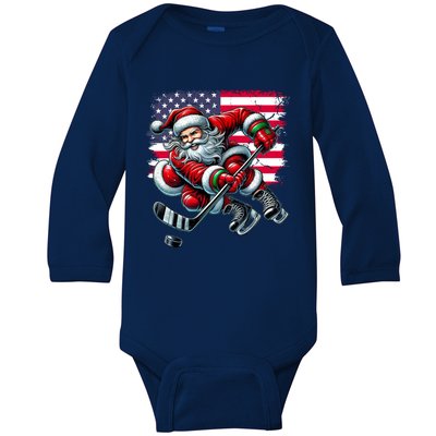 American Flag Santa Hat Ice Hockey Christmas Funny Gift Baby Long Sleeve Bodysuit