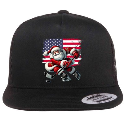 American Flag Santa Hat Ice Hockey Christmas Funny Gift Great Gift Flatbill Hat