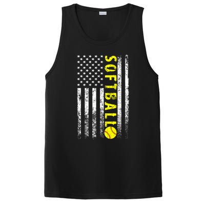 American Flag Softball Funny Gift Vintage Softball Gift Cute Gift PosiCharge Competitor Tank