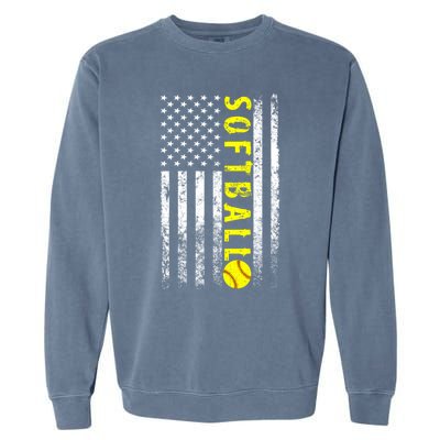 American Flag Softball Funny Gift Vintage Softball Gift Cute Gift Garment-Dyed Sweatshirt