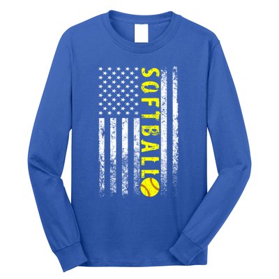 American Flag Softball Funny Gift Vintage Softball Gift Cute Gift Long Sleeve Shirt