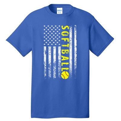 American Flag Softball Funny Gift Vintage Softball Gift Cute Gift Tall T-Shirt