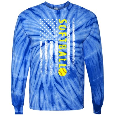 American Flag Softball Funny Gift Vintage Softball Gift Cute Gift Tie-Dye Long Sleeve Shirt