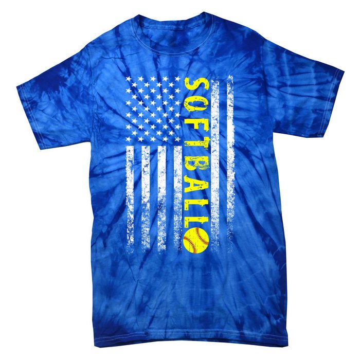 American Flag Softball Funny Gift Vintage Softball Gift Cute Gift Tie-Dye T-Shirt