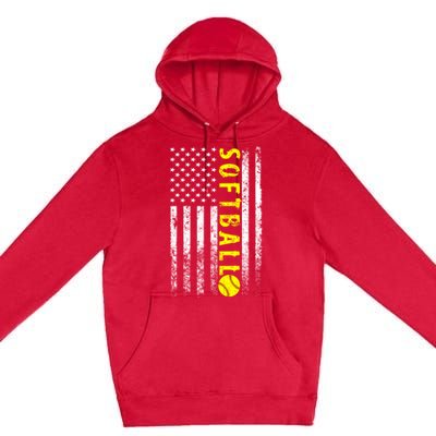 American Flag Softball Funny Gift Vintage Softball Gift Cute Gift Premium Pullover Hoodie