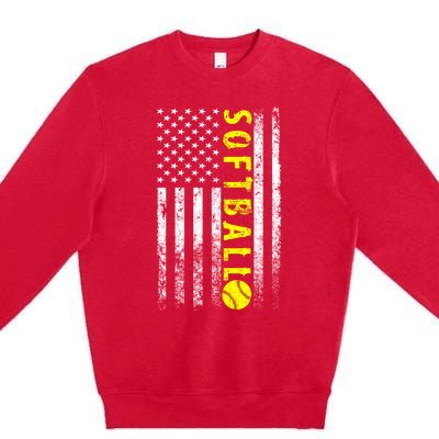 American Flag Softball Funny Gift Vintage Softball Gift Cute Gift Premium Crewneck Sweatshirt