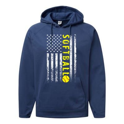 American Flag Softball Funny Gift Vintage Softball Gift Cute Gift Performance Fleece Hoodie