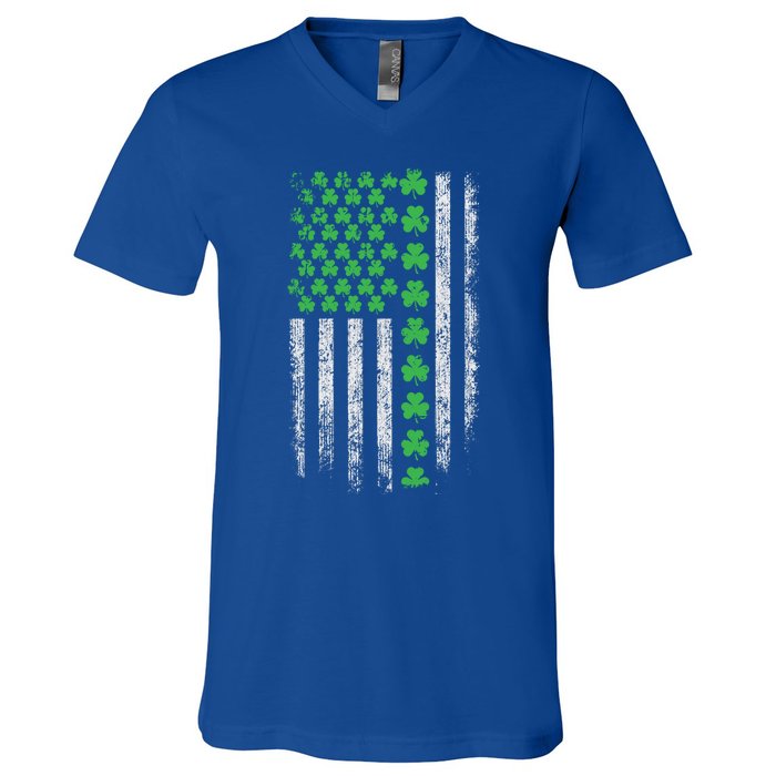 American Flag St Patricks Day Vintage Shamrock Gift V-Neck T-Shirt