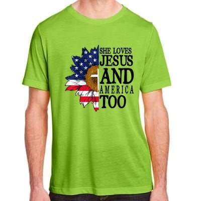 American Flag Sunflower She Loves Jesus And America Too Adult ChromaSoft Performance T-Shirt