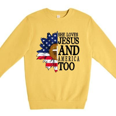 American Flag Sunflower She Loves Jesus And America Too Premium Crewneck Sweatshirt