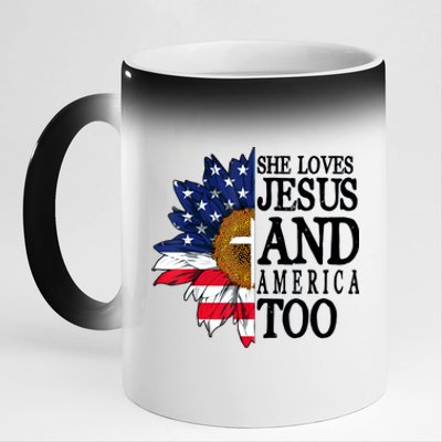 American Flag Sunflower She Loves Jesus And America Too 11oz Black Color Changing Mug