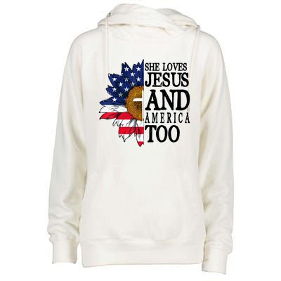 American Flag Sunflower She Loves Jesus And America Too Womens Funnel Neck Pullover Hood