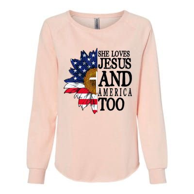 American Flag Sunflower She Loves Jesus And America Too Womens California Wash Sweatshirt